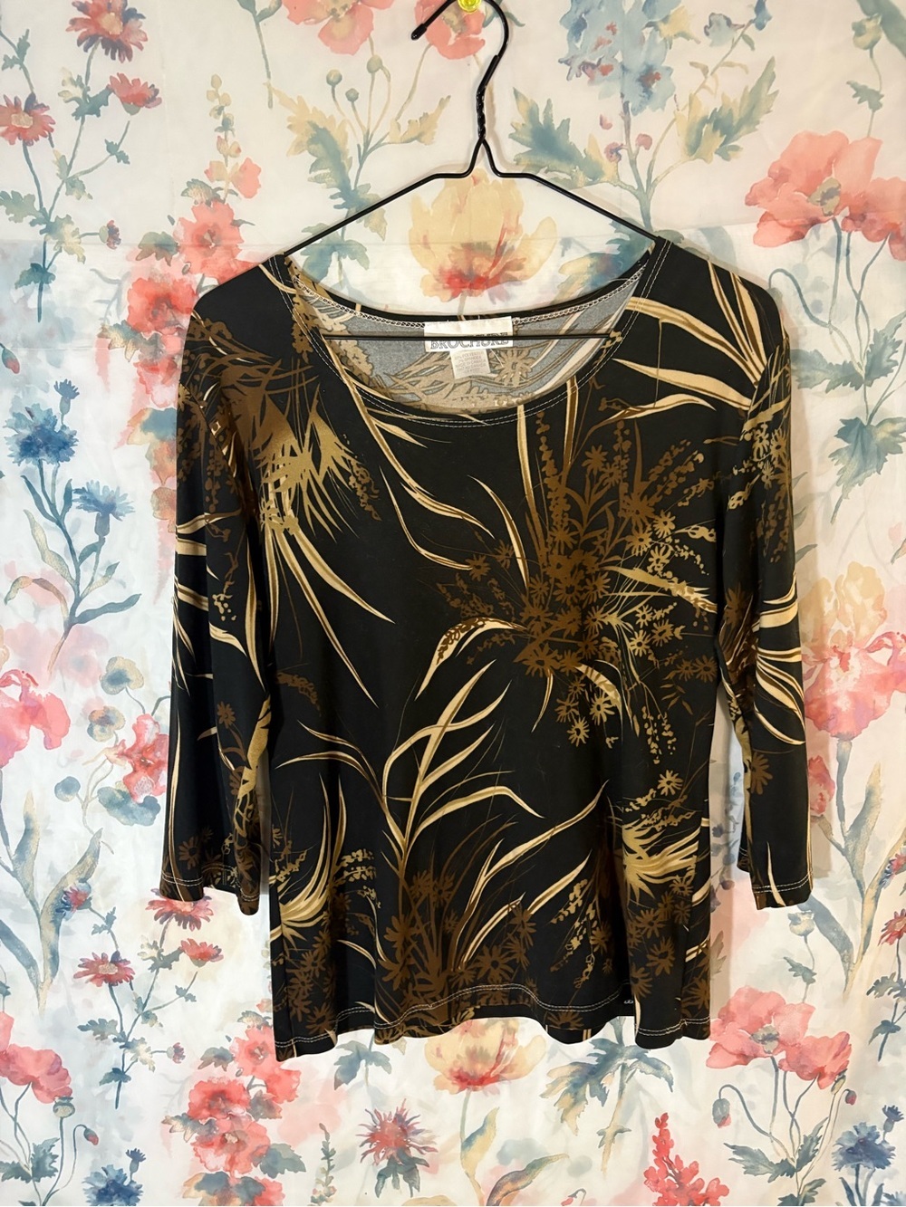 Vintage Black Top with Gold Botanical Print - Long Sleeve Blouse